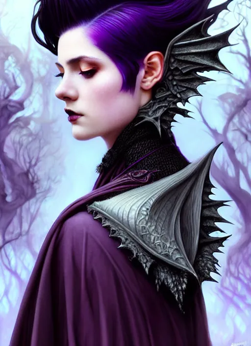 Prompt: side portrait beautiful young female model, witchy outfit large cloak, fantasy forest landscape, dragon scales, fantasy magic, undercut hairstyle, short purple black fade hair, dark light night, intricate, elegant, sharp focus, illustration, highly detailed, digital painting, concept art, matte, art by wlop and artgerm and greg rutkowski and alphonse mucha, masterpiece