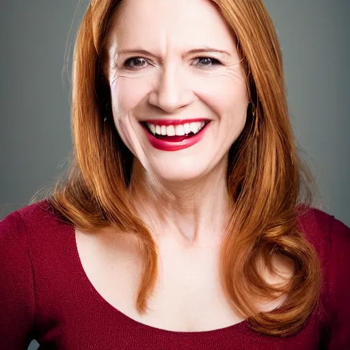 Image similar to professional headshot of an elegant female vampire in her 4 0 s smiling confidently at the camera, showing her long vampire fangs,. high resolution, nikon camera 8 k