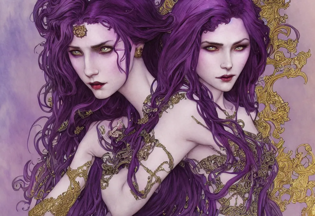 Prompt: vampire with purple hair in armor, highly detailed, very intricate, art nouveau, gold filigree, romantic storybook fantasy, soft cinematic lighting, award - winning, disney concept art watercolor illustration by mandy jurgens and alphonse mucha and alena aenami, pastel color palette, featured on artstation