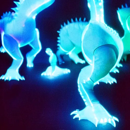 Image similar to electric blue glowing baby dinosaurs in tron movie, cinestill