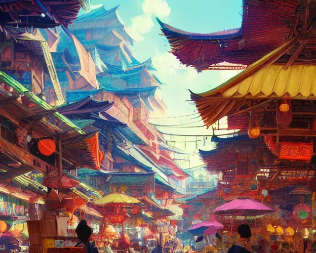 Prompt: colorful marketplace in a great, colorful kitsune city, bamboo, anime, a fantasy digital painting by Greg Rutkowski and James Gurney, trending on Artstation, highly detailed