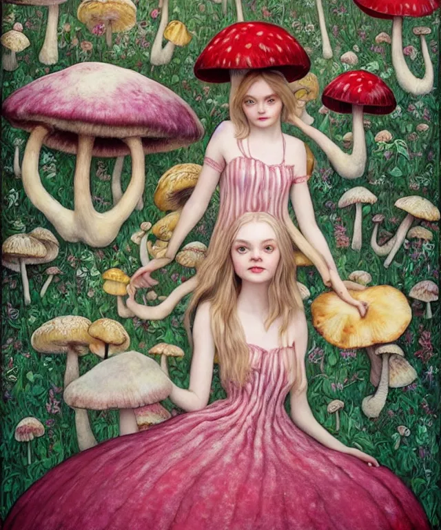 Image similar to portrait of Elle Fanning in wonderland, giant mushrooms, lowbrow painting by Mark Ryden