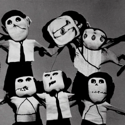 Prompt: 1 9 5 0 s children puppets on strings attacking viewer, angry face, scary, fear, horror, thriller, cinematic still, jumping towards viewer, jump scare, pov, wide shot, polaroid,