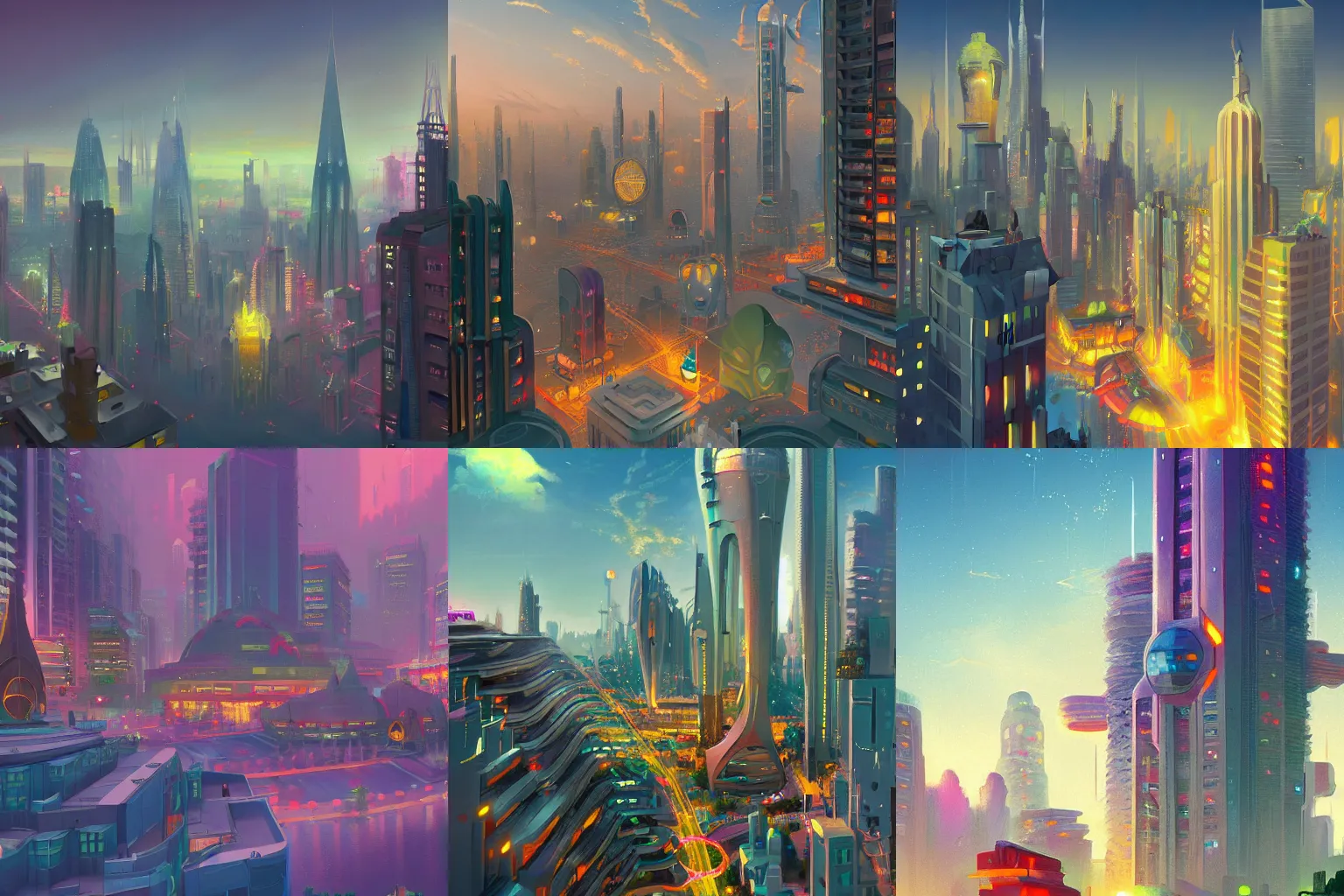 Prompt: city of tomorrow, by thomas kinkade and james gilleard, 4k resolution, trending on artstation and deviantart