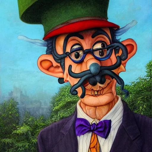 Prompt: Portrait of Waluigi, artwork by Daniel Merriam,