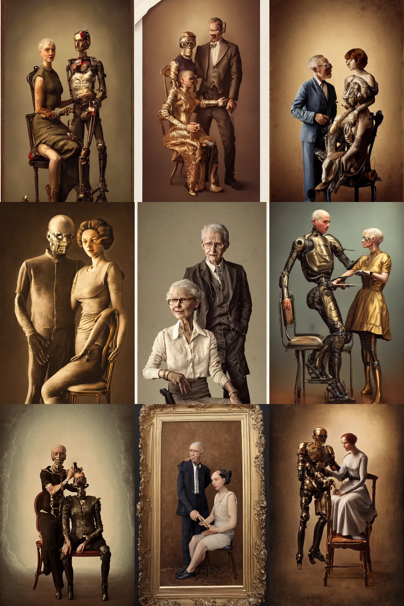 Prompt: a beautiful ultradetailed fine art old vintage couple portrait photo of cyborgs sitting on a chair and standing, by tom bagshaw, couple portrait, vignette, 35mm lens, golden ratio composition, studio photography, very detailed, artstation, 8k, highly coherent