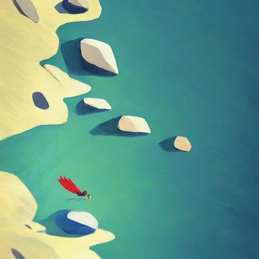 Prompt: goro fujita ilustration view from the sky of a bird with open wings full of feathers, flying over the ocean with waves and rocks, painting by goro fujita, sharp focus, highly detailed, artstation