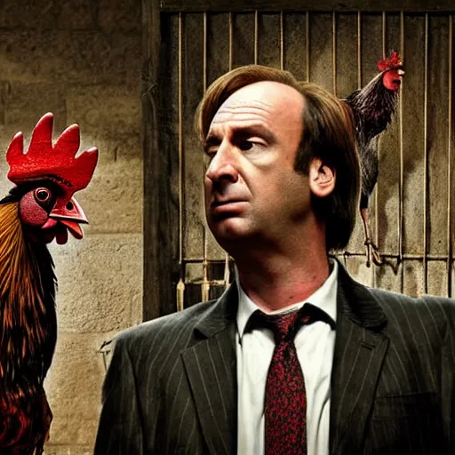 Image similar to saul goodman and a rooster in a medieval torture chamber, saw blades and knives in the background, horror movie, saul goodman, rooster, real life photo, detailed face