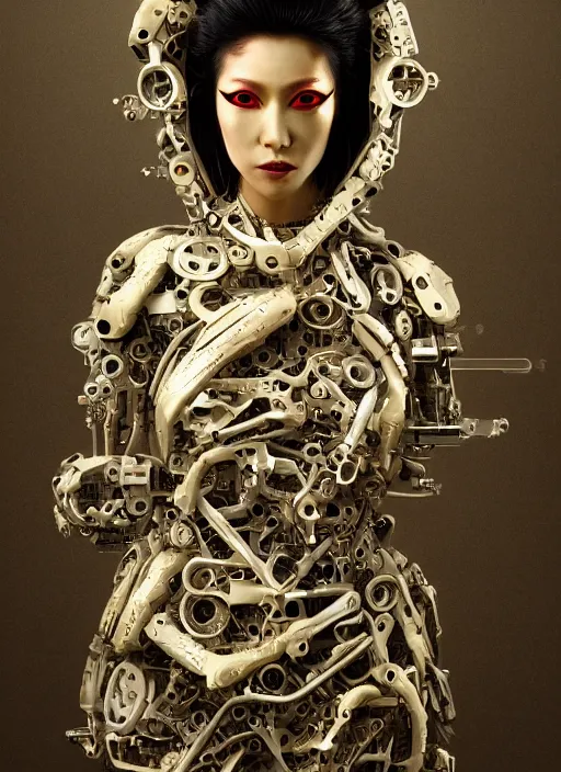 Image similar to portrait of a futuristic geisha cyborg, made from mechanical parts, kintsugi, modern fine art, fractal, intricate, elegant, highly detailed, digital photography, subsurface scattering, in the style of ghost, by jheronimus bosch and greg rutkowski,