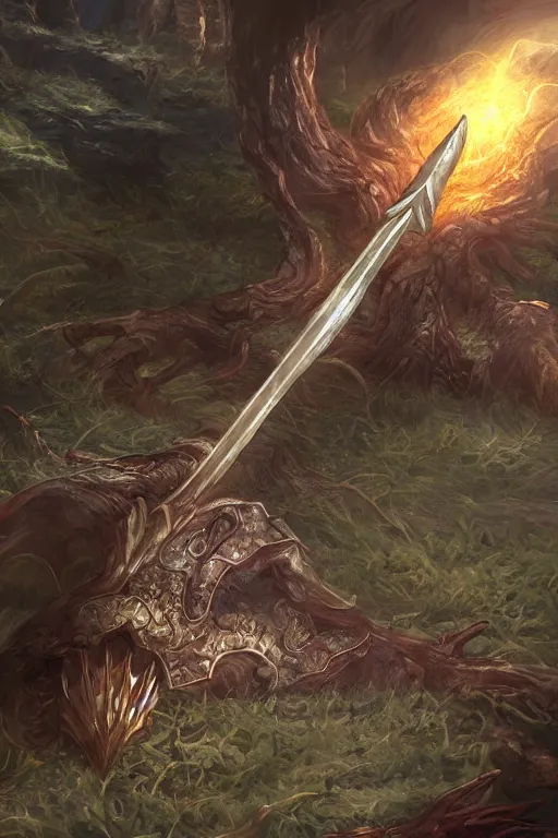 Prompt: an enchanted sword, digital art, realistic painting, fantasy, dnd, concept art, very detailed, high definition, trending on artstation