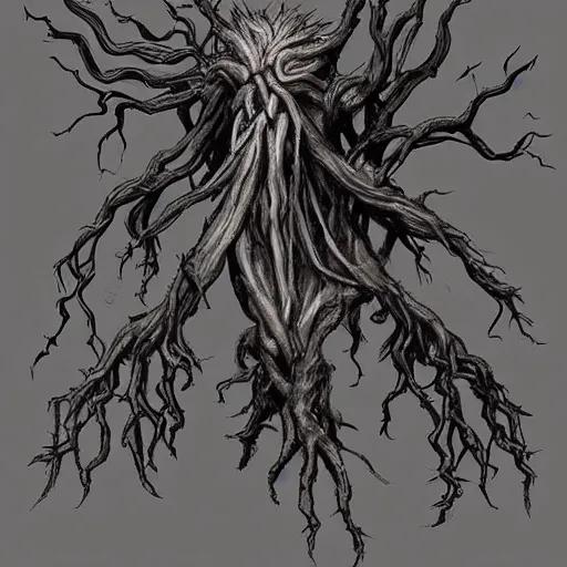 Prompt: detailed concept art of a scary humanoid creature made of roots and mud