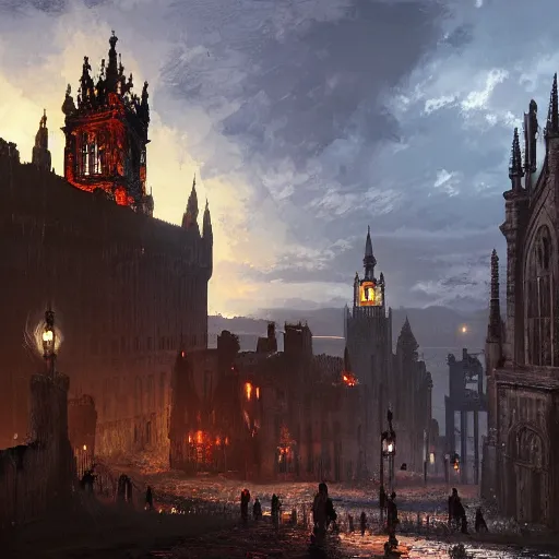 Prompt: a face made of Edinburgh buildings, castle, Georgian architecture, (bloodborne), by Ian McQue, by Ted Nasmith, golden hour, gothic architecture