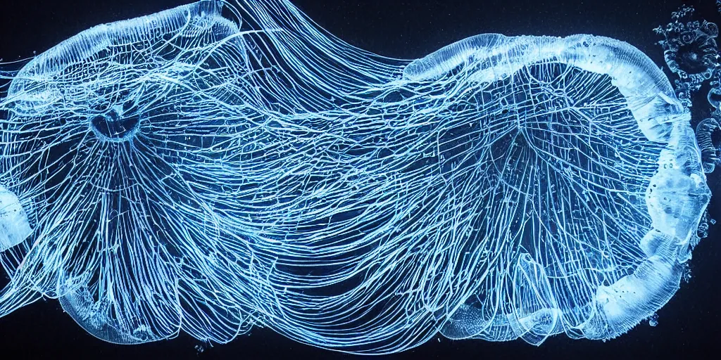 Image similar to a highly detailed underwater jellyfish with fiber optics as tentacles electrically shocking the water creating subtle waves and microscopic explosions