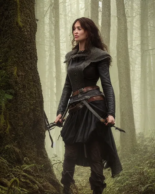 Prompt: 5 5 mm portrait photo of olga kurylenko as real life tough looking yennefer of vengerberg in black leather armor, in a forest. magical atmosphere. art by greg rutkowski. highly detailed 8 k. intricate. lifelike. soft light. nikon d 8 5 0.