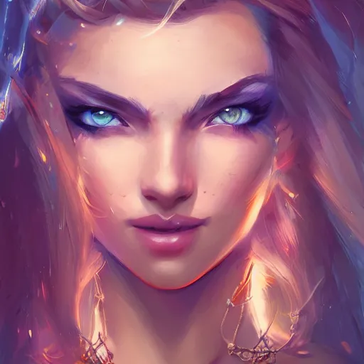 Prompt: a beautiful fantasy girl, brown hair, blue eyes, lots of jewelry, epic lighting, vibrant colors and hard shadows and strong rim light, very coherent, digital art, trending on artstation, finely detailed features, ross tran, sam yang