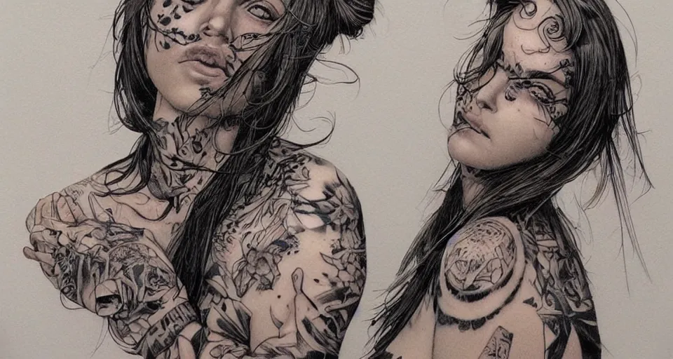 Image similar to a beautiful portrait of a woman with many tattoos, Travis Charest style