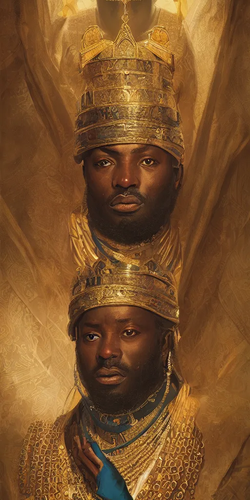 Image similar to a stunning and noble highly detailed romantic period style portrait of Mansa Musa by Josep Tapiró Baró and Greg Rutkowski, trending on artstation, oil painting masterpiece, symmetry, African iconography