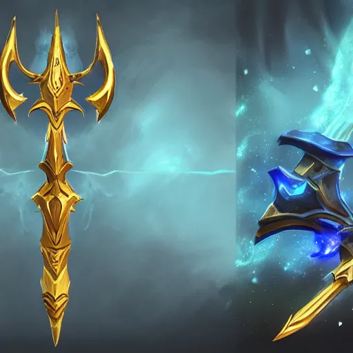 Image similar to a magical golden weapon, d & d, league of legends, concept art, blue background, dramatic lighting. realistic - h 7 6 8