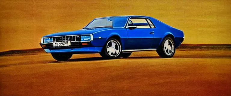 Image similar to denim blue audi camaro b 1 ( 1 9 6 7 ), 8 0 s retro poster, establishing shot