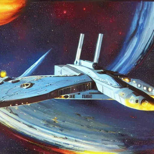 Prompt: U.S.S. Enterprise from Star Trek, orbiting a planet, painted in the style of John Berkey