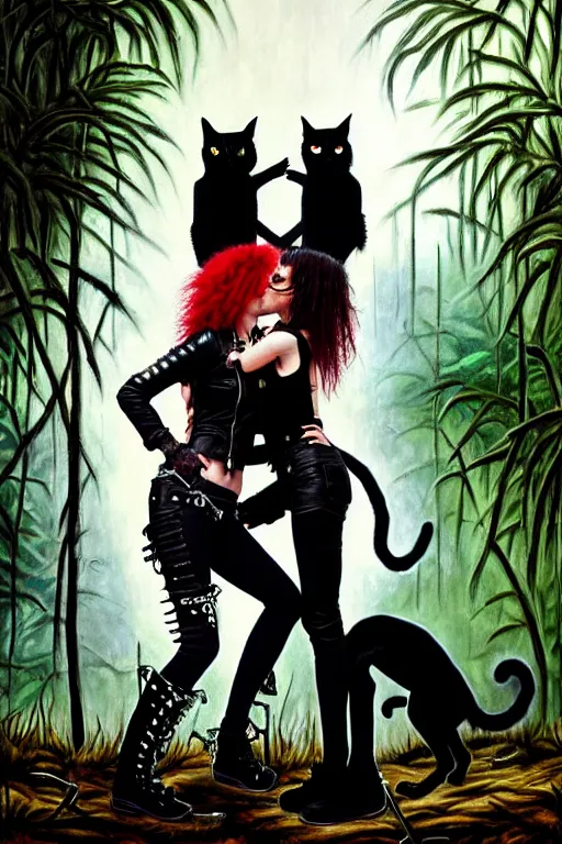 Prompt: punk rock girls kissing and making selfie with black cats in jungle , 1980 style, mad max jacket, post apocalyptic, Cyberpunk, renaissance, Gothic, mystic, highly detailed, 4k, fog, oil painting on canvas, Matrix movie, hyper realistic style, fantasy by Olga Fedorova