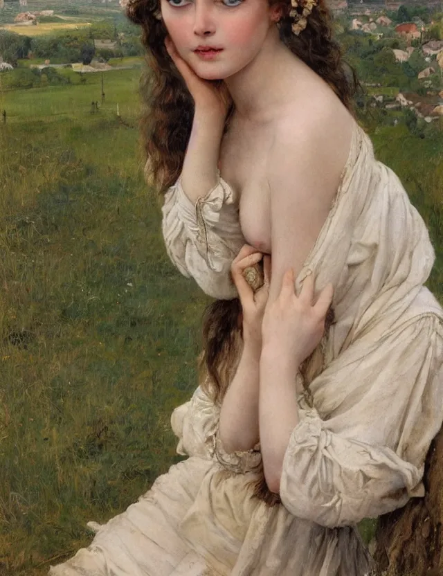 Image similar to tempting peasant girl with deep seductive décolleté looking in the camera, on a village, high angle view, portrait, Cinematic focus, Polaroid photo, vintage, neutral colors, soft lights, foggy, by Steve Hanks, by Serov Valentin, by lisa yuskavage, by Andrei Tarkovsky 8k render, detailed, oil on canvas