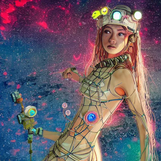 Image similar to space station on the moon, piles of modular synth cables mixed with mangrove roots, kawaii puerto rican goddess staring through your soul wearing a headpiece made of circuit boards, by cameron gray, wlop, stanley kubrick, masamune, hideki anno, jamie hewlett, unique perspective, eastman color, trending on artstation, cinematic, 3 d render, muted neon