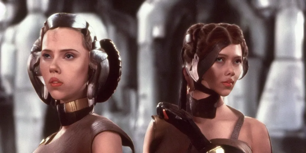 Image similar to Scarlett Johansson playing Princess Leia in a scene from Return of the Jedi