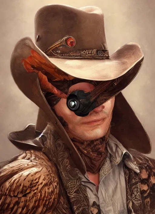 Image similar to owl in a cowboy hat and eye mask disguise, marvel comics, dark, intricate, highly detailed, smooth, artstation, digital illustration by Ruan Jia and Mandy Jurgens and Artgerm and Wayne Barlowe and Greg Rutkowski and Frank Frazetta