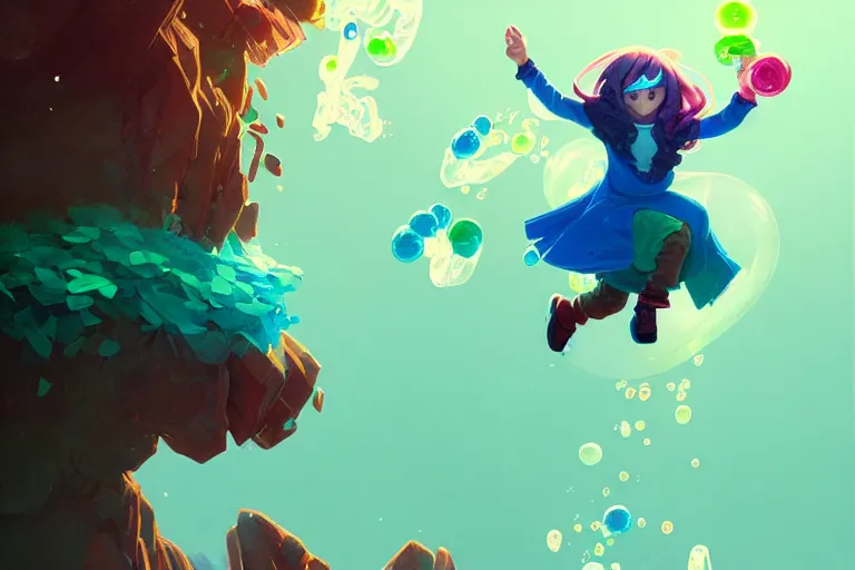 Image similar to madeline from celeste jumping to a green jelly bubble, blue bubble jacket red long hair, highly detailed, digital painting, artstation, concept art, sharp focus, illustration, art by greg rutkowski and alphonse mucha