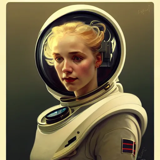 Prompt: A portrait of a blonde girl wearing a vintage sci-fi astronaut helmet, face, intricate, elegant, highly detailed, digital painting, artstation, concept art, smooth, sharp focus, illustration, art by Krenz Cushart and Artem Demura and alphonse mucha