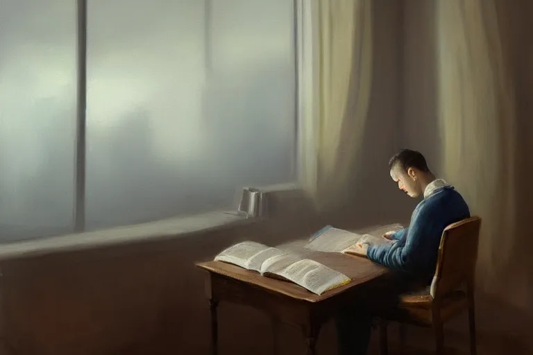 Image similar to a painting of a man writing in a large tome in a foggy room by jama jurabaev, cinematic shot, trending on artstation, high quality, ultra realistic, blue color theme