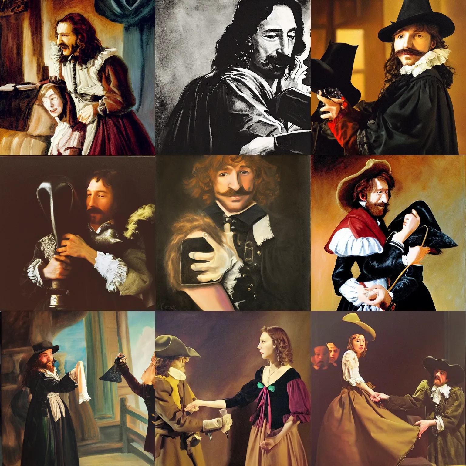 Prompt: Cyrano de Bergerac hold Roxanne (Haley Bennet)'s hand, dramatic, high contrast, theatrical, lumnious, cinematic lights, oil canvas by Csók István, Munkácsi and Hollósy Simon