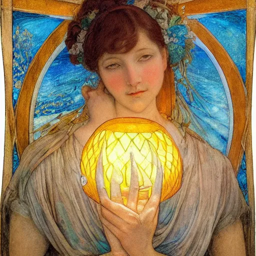 Image similar to the dawn queen with her lantern, by annie swynnerton and diego rivera and elihu vedder, symbolist, dramatic lighting, elaborate geometric ornament, art brut, soft cool colors, smooth, sharp focus, extremely detailed, leo and diane dillon, soft pastel colors