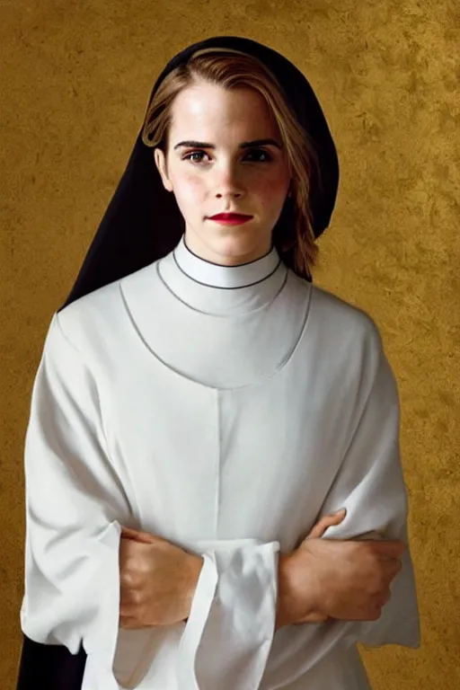 Prompt: portrait of emma watson as a nun, intimate, elegant, highly detailed, photorealistic, sharp focus, golden ratio