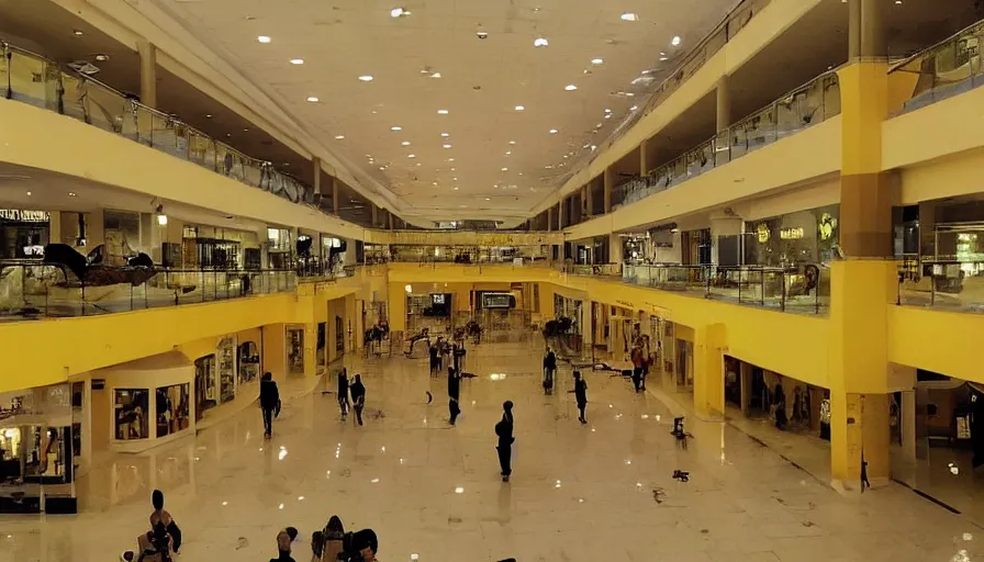 Image similar to a grainy photo of a yellow tinted , refurbished mall which is uncanny and eery