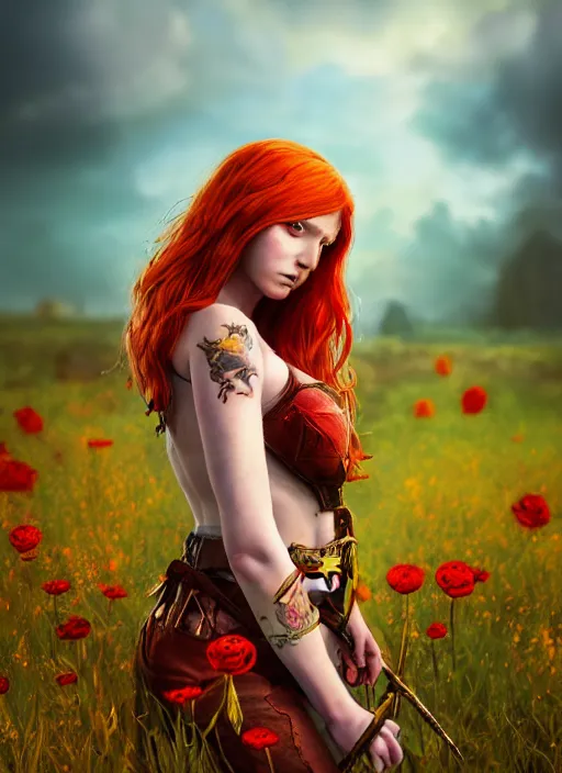 Prompt: An epic fantasy comic book style portrait painting of a young red headed girl with a golden bee tattoo on her shoulder in a field of flowers , unreal 5, DAZ, hyperrealistic, octane render, cosplay, RPG portrait, dynamic lighting