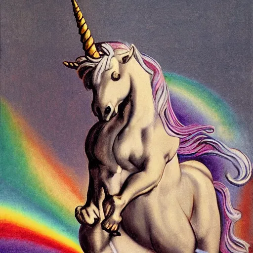 Prompt: a unicorn walking on a rainbow, in the style of caravaggio