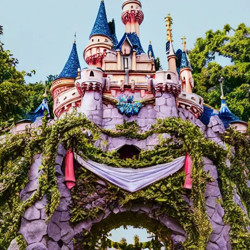 Prompt: overgrown disneyland castle that has been unkept for thousands of years, trending on unsplash, 4 k photorealism, 4 k quality, intricately defined, complexly detailed