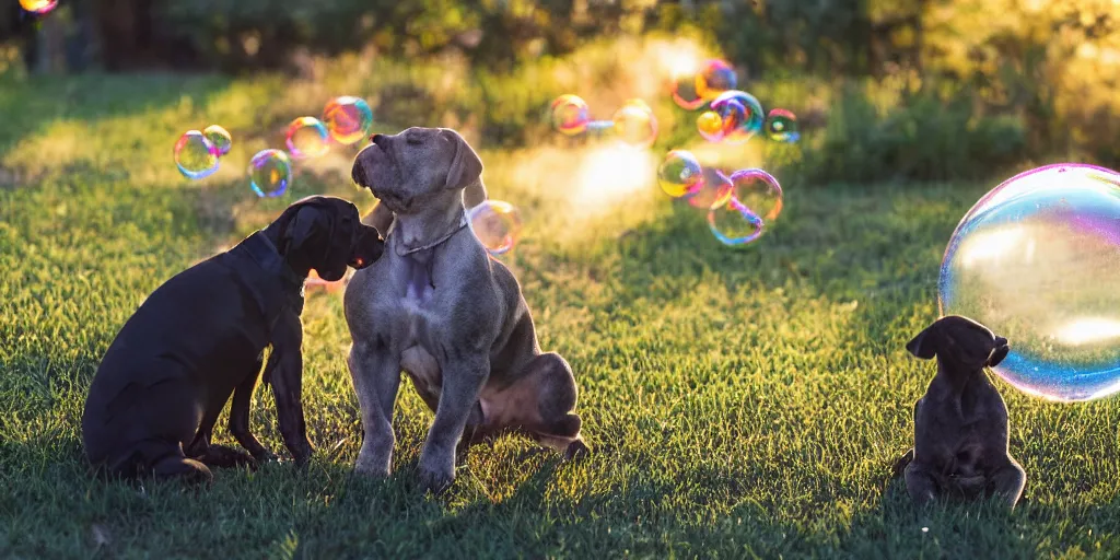 Prompt: a tiny adorable kitten and an elderly great dane are the best of friends, golden hour, back yard, giant iridescent soap bubbles fill the air, bokeh