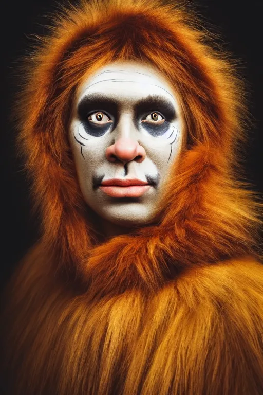 Image similar to a professional portrait photo of a neanderthal woman forest, face paint, ginger hair and fur, extremely high fidelity, natural lighting, national geographic magazine cover.