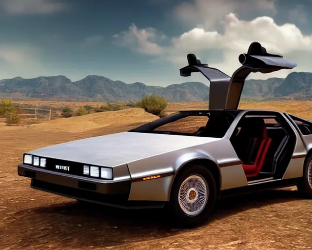 Image similar to new concept for a delorean, cinematic, photoreal, by red dead redemption 2