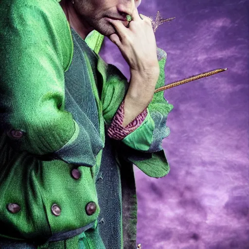 Image similar to mads mikkelsen dressed as tinkerbell from disney's peter pan, green fairy dress, grim facial expression, high medieval fantasy, full color digital art, cinematic shot, portrait, wide shot.