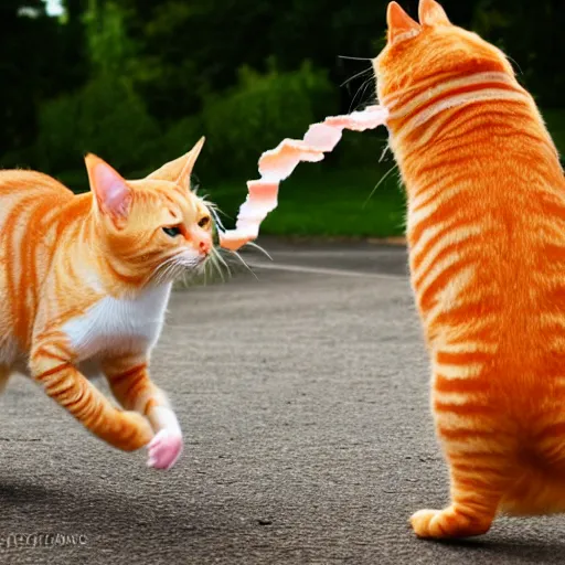 Prompt: orange tabby cat fighting an anthropomorphic bacon strip, realistic