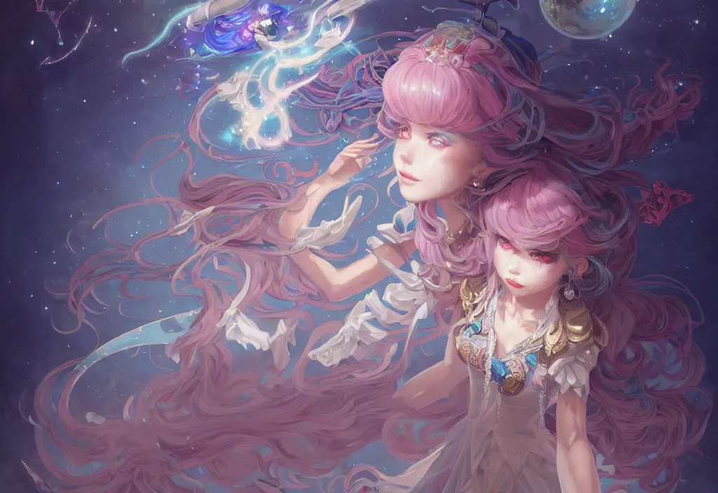 Image similar to full body picture of an maximalist dress magical girl, neat hair with bangs, smug face, extremely beautiful and aesthetic and detailed cute face and eyes, wipe out evils with cute astronaut familiar sprites, aming the magical beams to the camera, chiaroscuro, intricate, masterpiece, epic fantasy illustrations by peter mohrbacher and anato finnstark and jeremy lipking