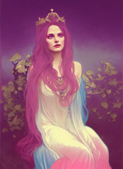 Image similar to ombre velvet gown, lovely queen, portrait, long hair, small crown, large faceted gemstone necklaces, feral languid woman, by greg rutkowski, anato finnstark, alphonse mucha, global illumination, radiant light