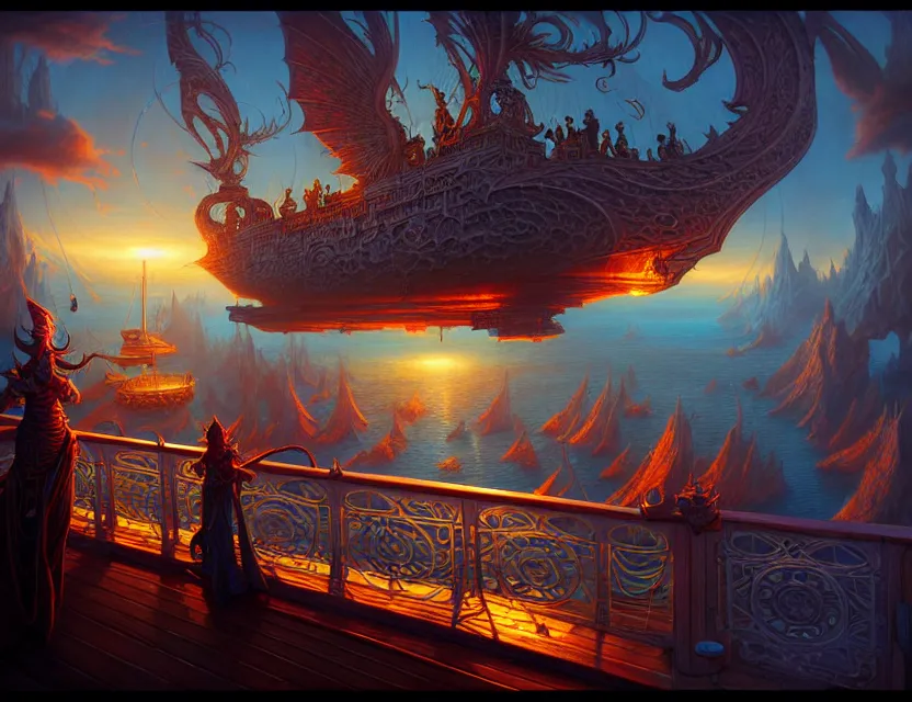 Image similar to standing upon the deck of the flying magical ship, d & d fantasy art, artstation contest winner, beautiful digital painting in the style of dan mumford, art by kev chan, volumetric lighting, intricate details, concept art, ultrarealistic, fantasypunk, deep colors, cgsociety, by art germ, by gerald brom, by peter mohrbacher