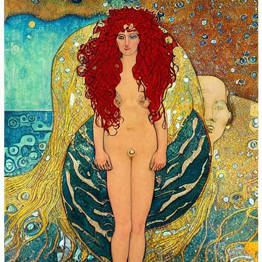 Prompt: a goddess of the sea, with red hair and symmetrical face by milo manara, klimt, semi abstract
