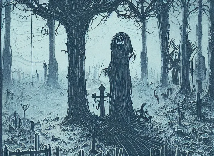 Prompt: blue woodcut print, cartoon halloween ghost in graveyard at midnight by greg rutkowski, fine details, highly detailed
