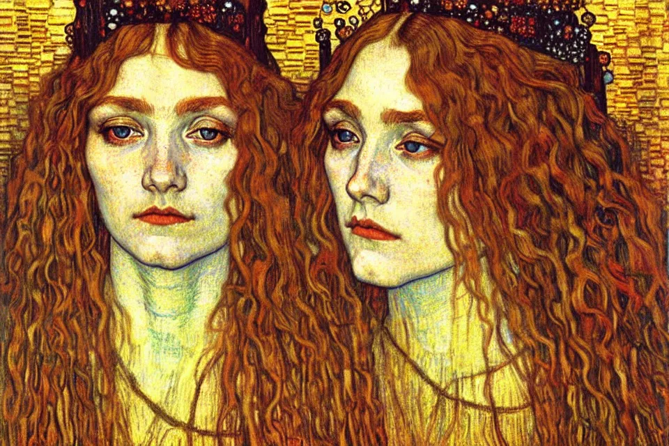 Image similar to detailed realistic beautiful young medieval queen face portrait by jean delville, gustav klimt and vincent van gogh, art nouveau, symbolist, visionary, gothic, pre - raphaelite, muted earthy colors, desaturated